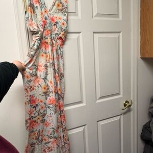 Hanna Nikole Floral Dress in Light Blue with Coral & Yellow Blooms